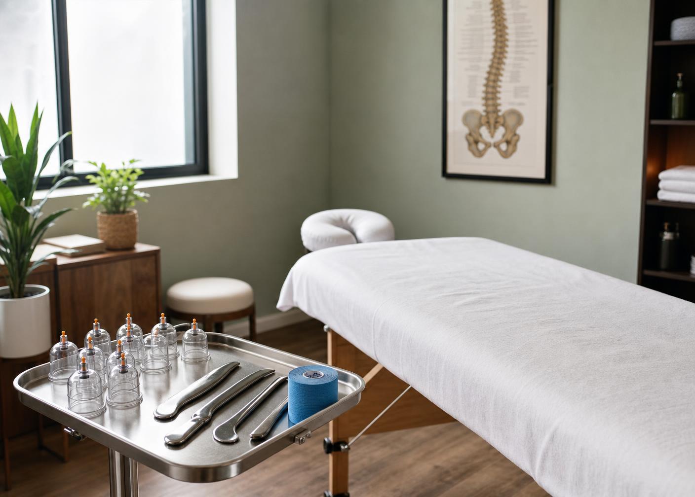 Clinical rehabilitative massage treatment room with a medical treatment table, cupping set, IASTM tools and kinesiology tape on a steel tray, and a framed spine anatomy chart